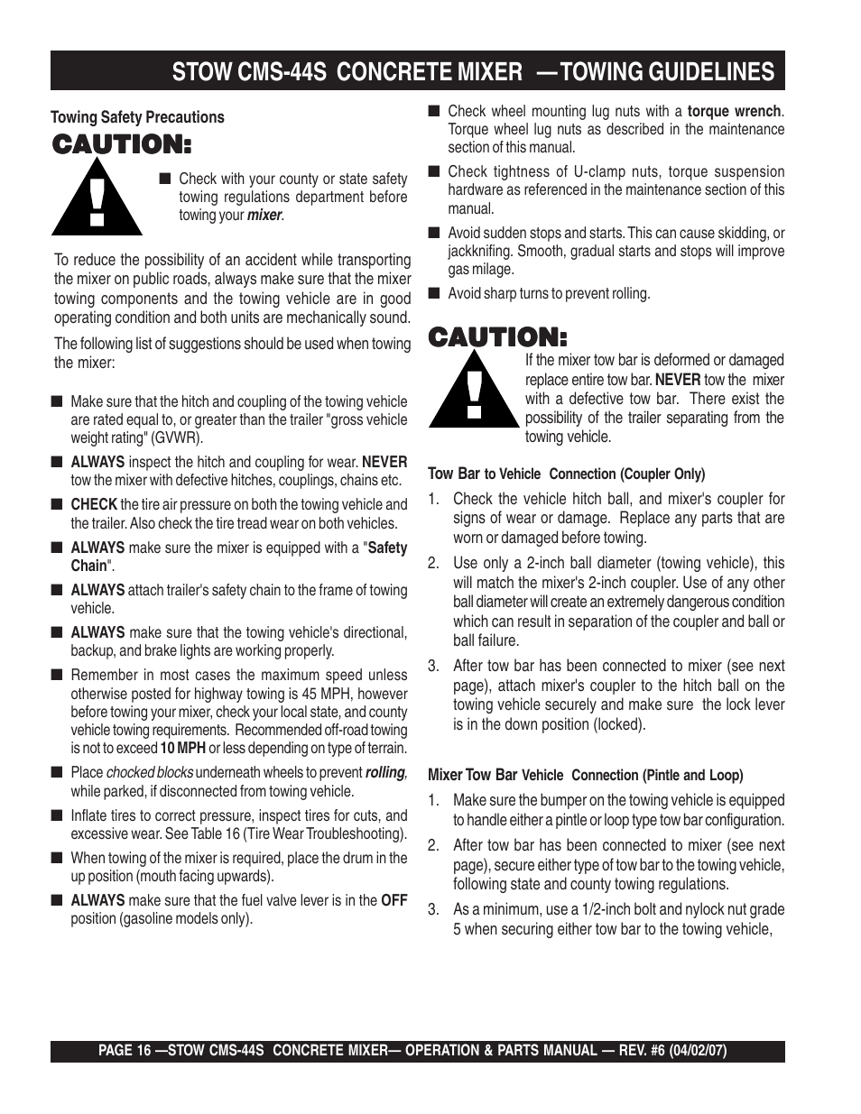 Stow cms-44s concrete mixer — towing guidelines, Caution | Multiquip CMS44S User Manual | Page 16 / 84