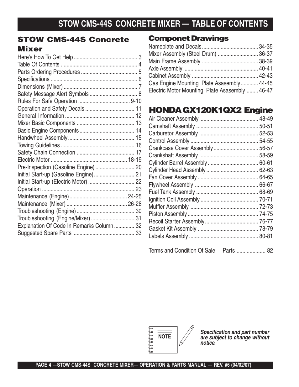 Stow cms-44s concrete mixer — table of contents | Multiquip CMS44S User Manual | Page 4 / 84