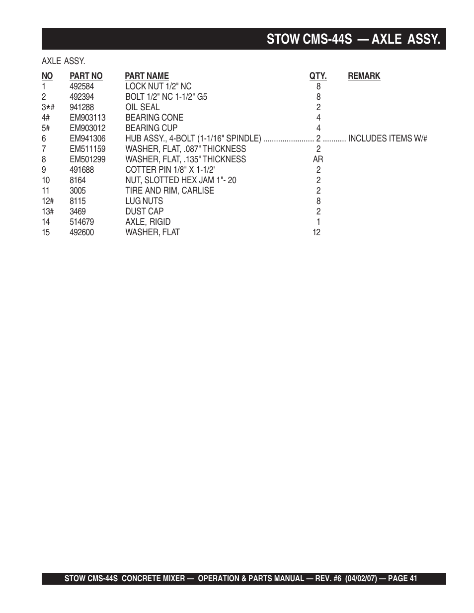 Stow cms-44s — axle assy | Multiquip CMS44S User Manual | Page 41 / 84