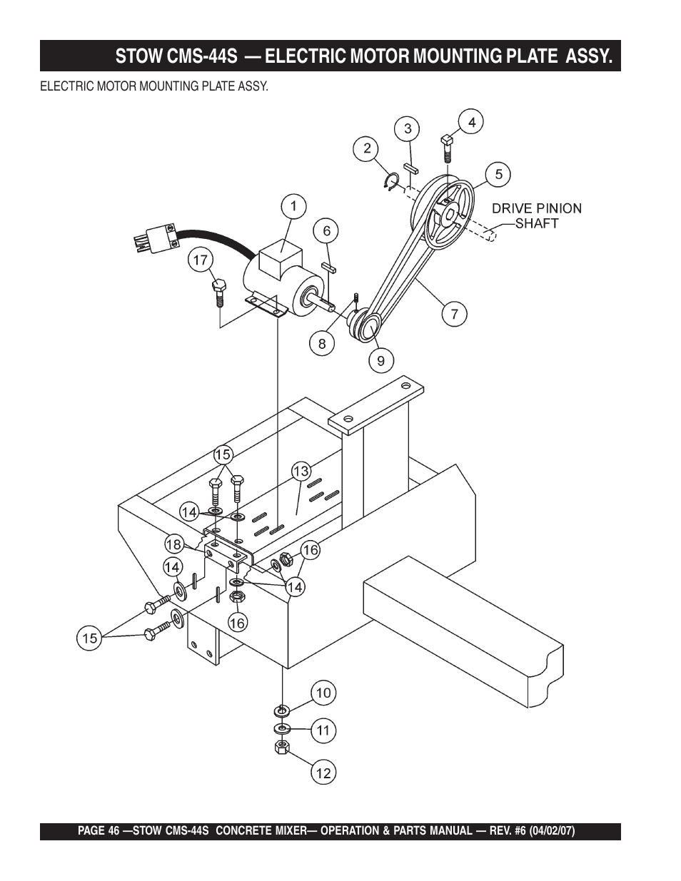 Stow cms-44s — electric motor mounting plate assy | Multiquip CMS44S User Manual | Page 46 / 84