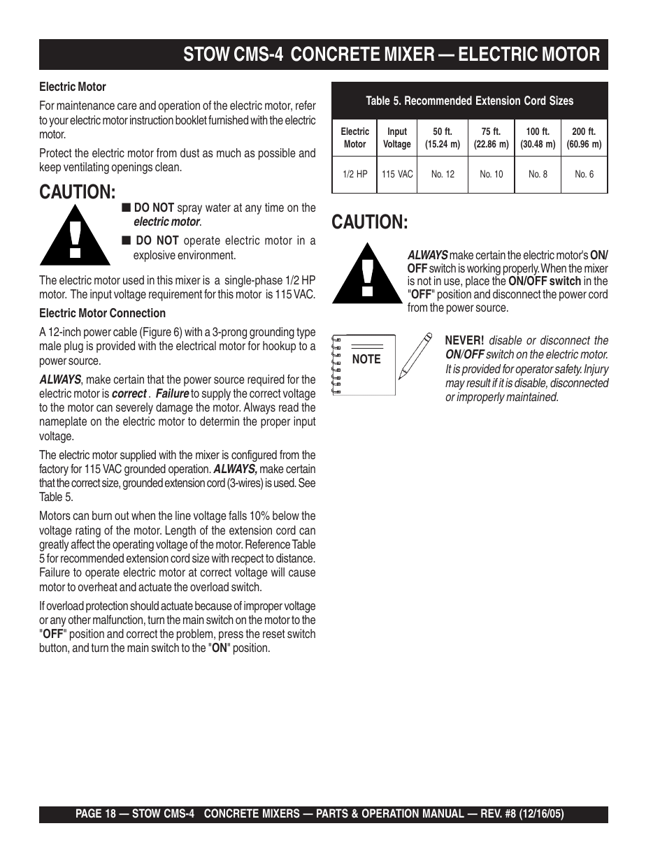 Stow cms-4 concrete mixer — electric motor, Caution | Multiquip CMS4S User Manual | Page 18 / 84