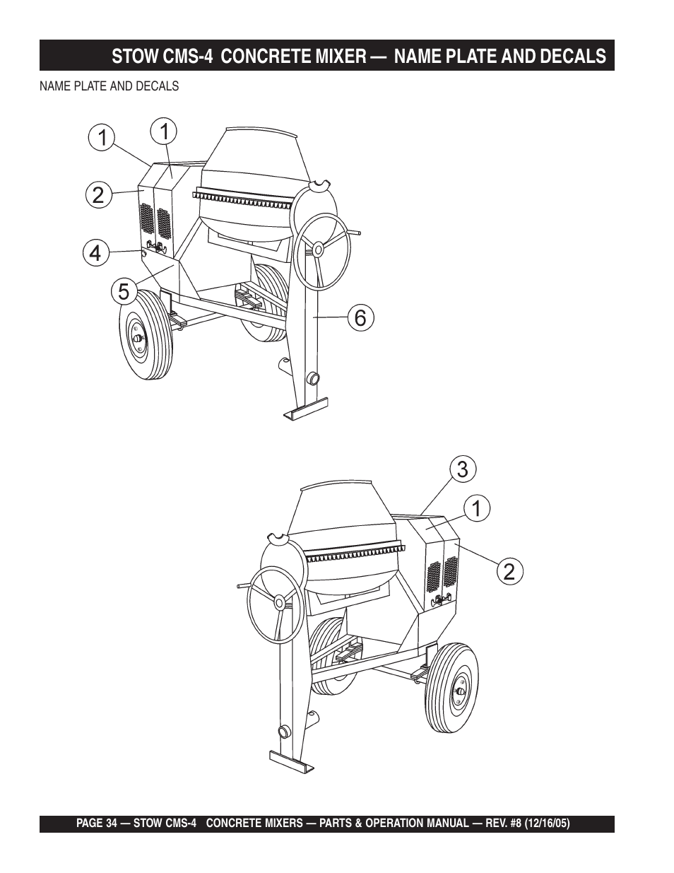 Stow cms-4 concrete mixer — name plate and decals | Multiquip CMS4S User Manual | Page 34 / 84