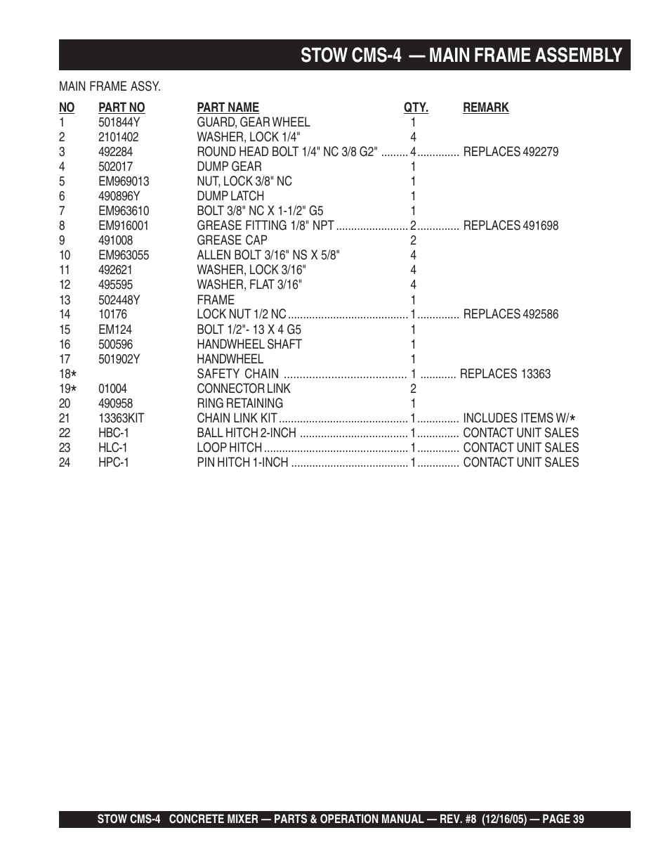 Stow cms-4 — main frame assembly | Multiquip CMS4S User Manual | Page 39 / 84