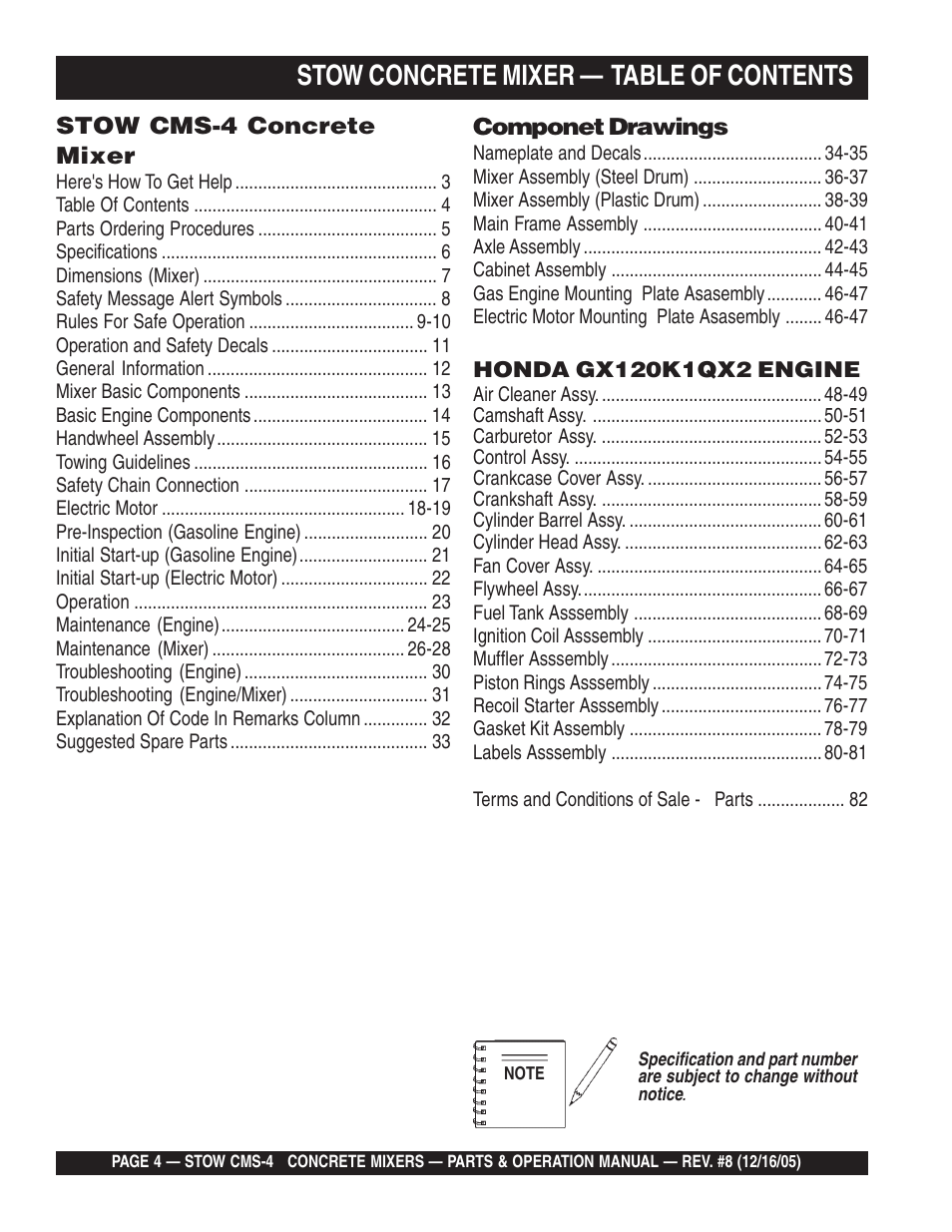 Stow concrete mixer — table of contents | Multiquip CMS4S User Manual | Page 4 / 84