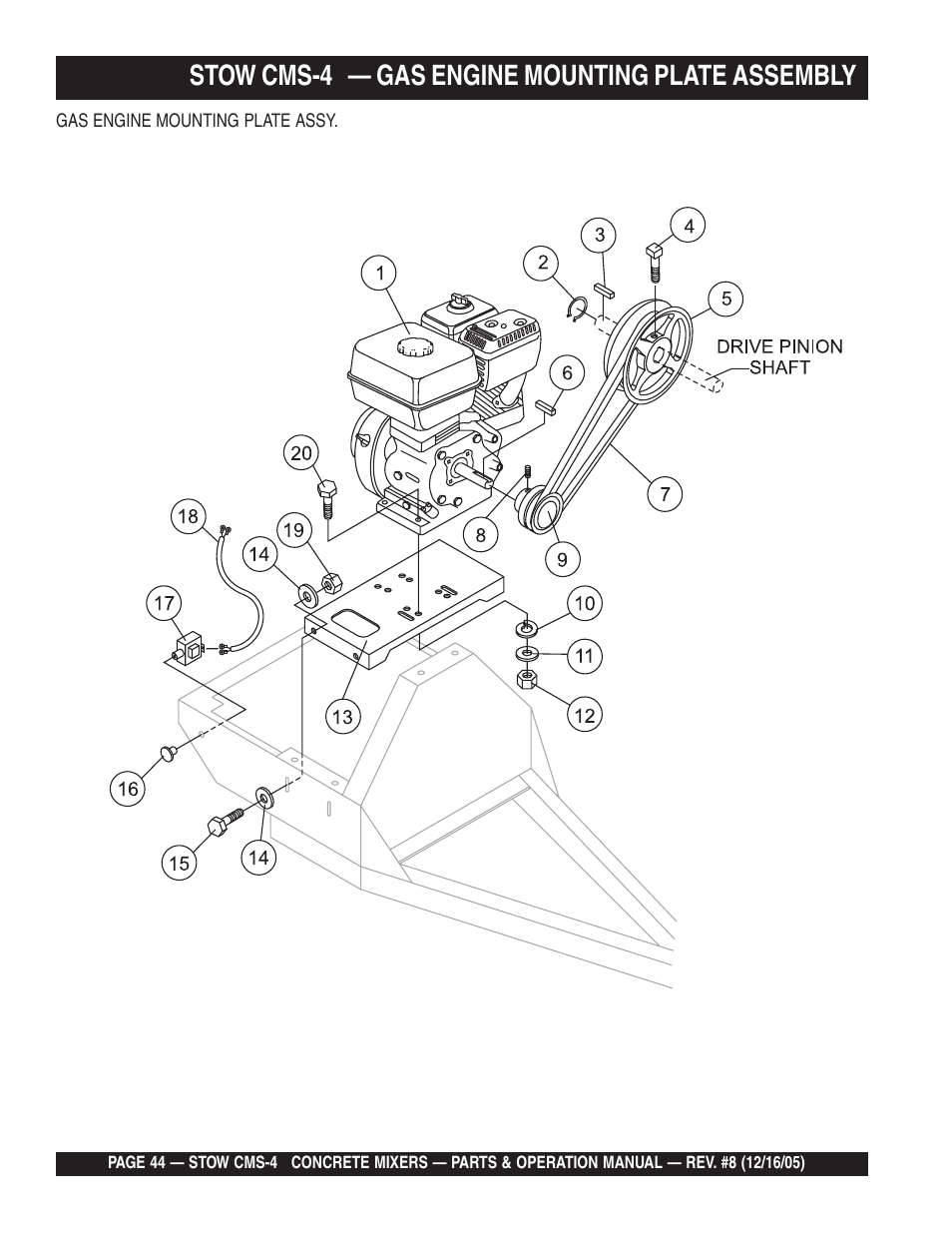 Stow cms-4 — gas engine mounting plate assembly | Multiquip CMS4S User Manual | Page 44 / 84