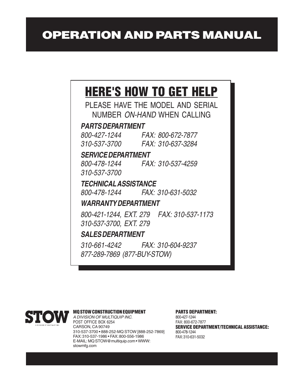 Here's how to get help, Operation and parts manual | Multiquip CMS4S User Manual | Page 84 / 84