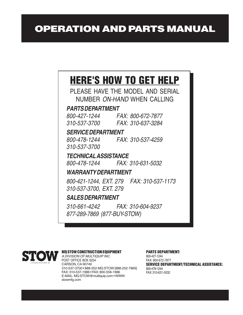 Here's how to get help, Operation and parts manual | Multiquip CMS64S User Manual | Page 114 / 114