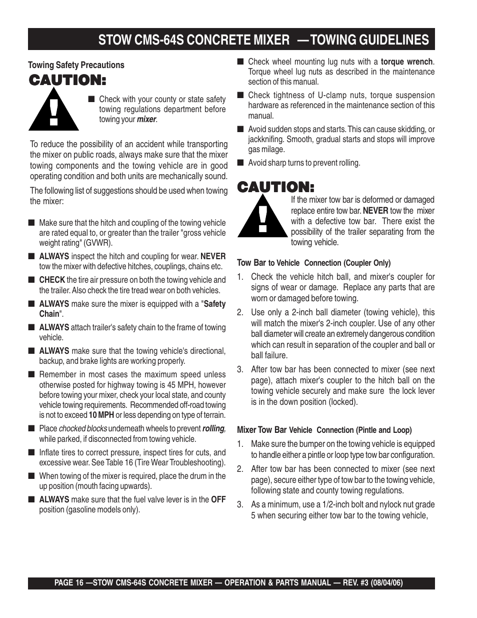 Stow cms-64s concrete mixer — towing guidelines, Caution | Multiquip CMS64S User Manual | Page 16 / 114