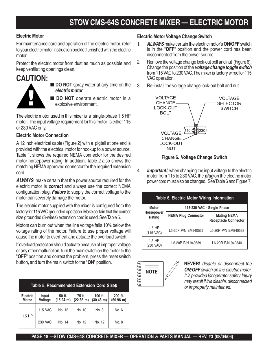 Stow cms-64s concrete mixer — electric motor, Caution, Always | Correct, Failure, Electric motor, Voltage change toggle switch, Important, Plug | Multiquip CMS64S User Manual | Page 18 / 114