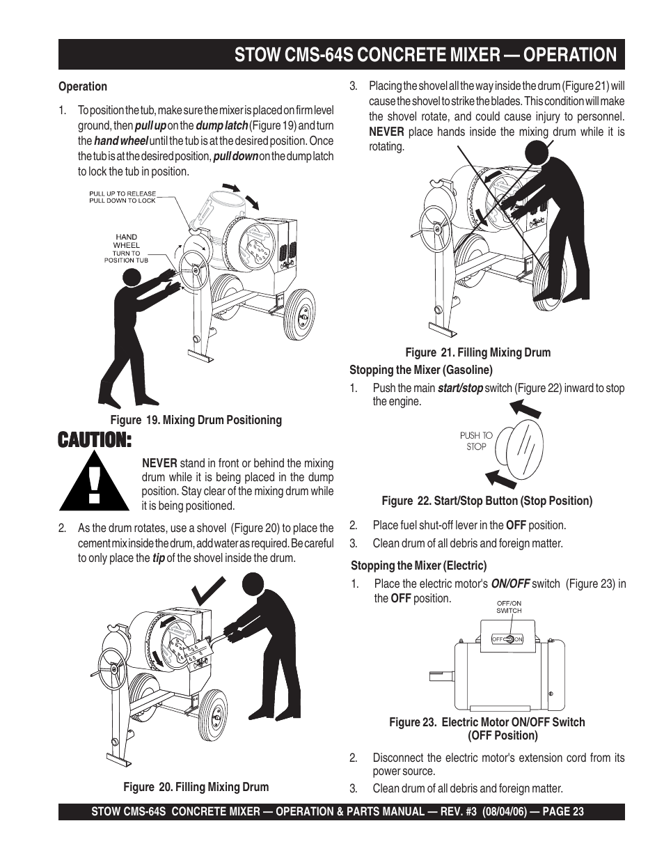 Stow cms-64s concrete mixer — operation, Caution | Multiquip CMS64S User Manual | Page 23 / 114