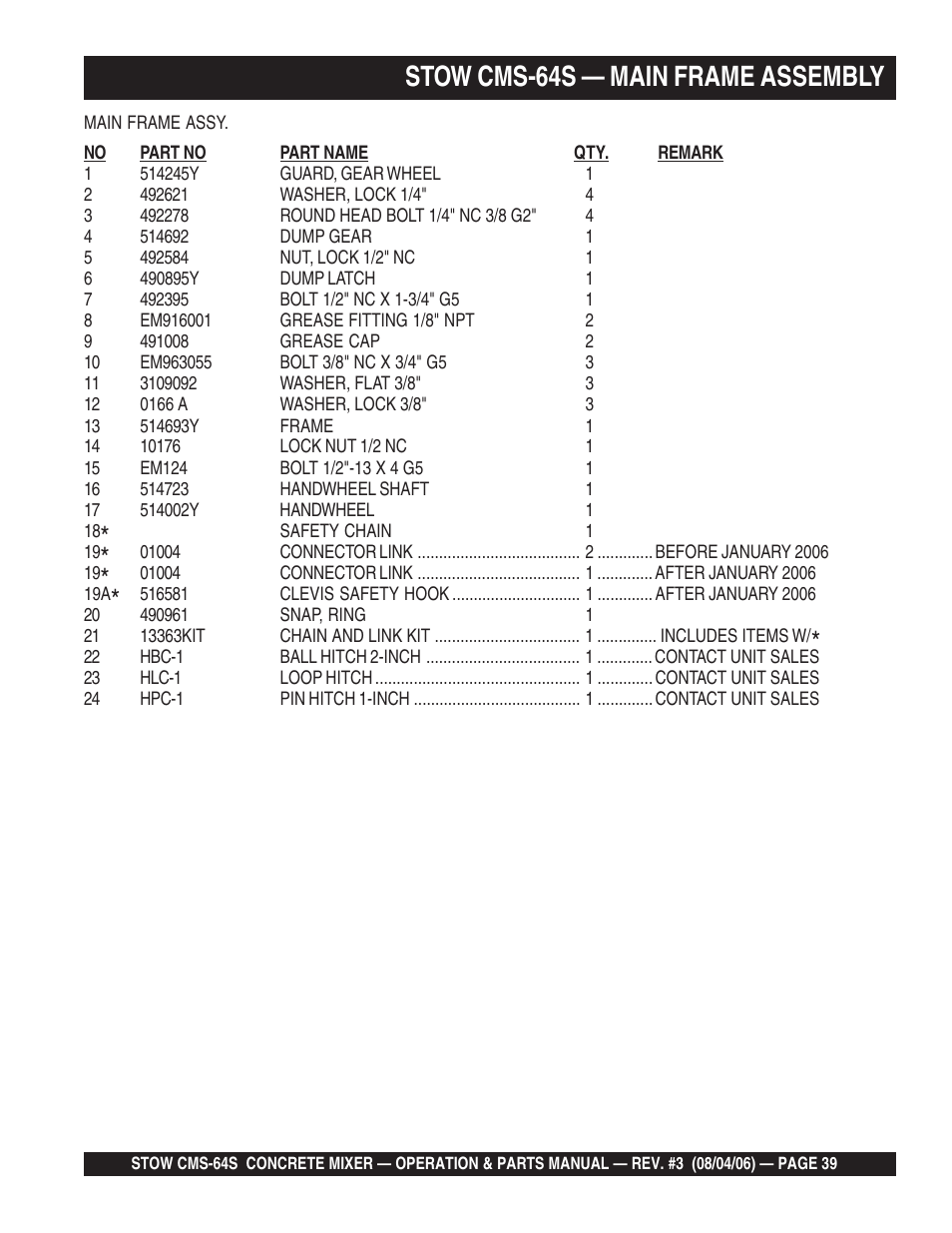 Stow cms-64s — main frame assembly | Multiquip CMS64S User Manual | Page 39 / 114