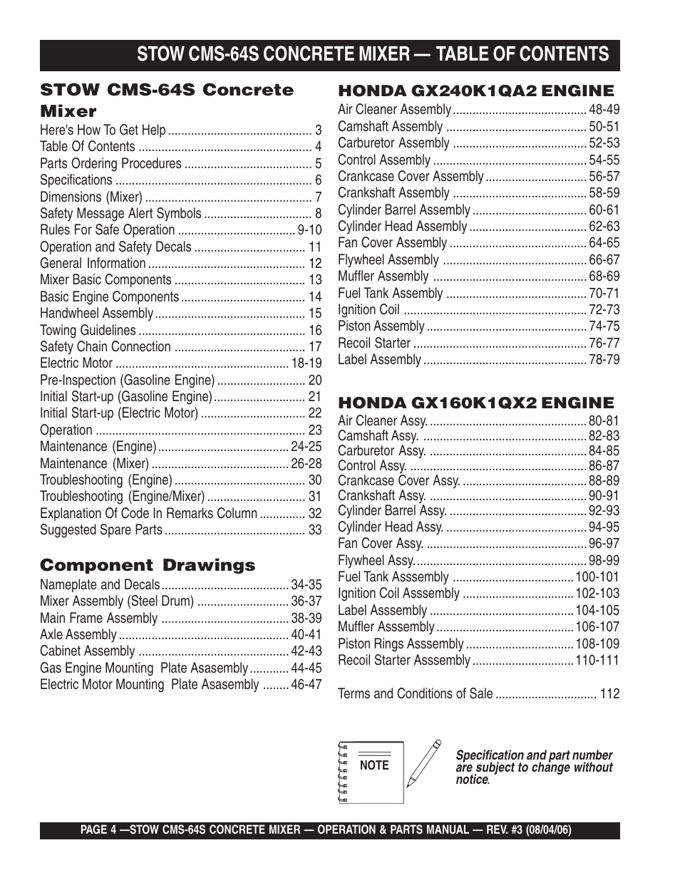 Stow cms-64s concrete mixer — table of contents | Multiquip CMS64S User Manual | Page 4 / 114