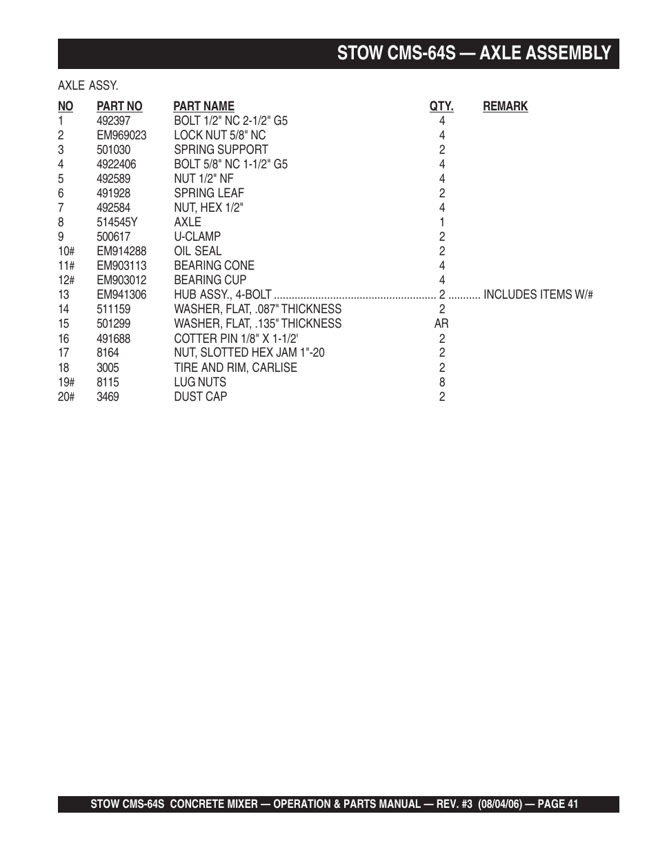 Stow cms-64s — axle assembly | Multiquip CMS64S User Manual | Page 41 / 114