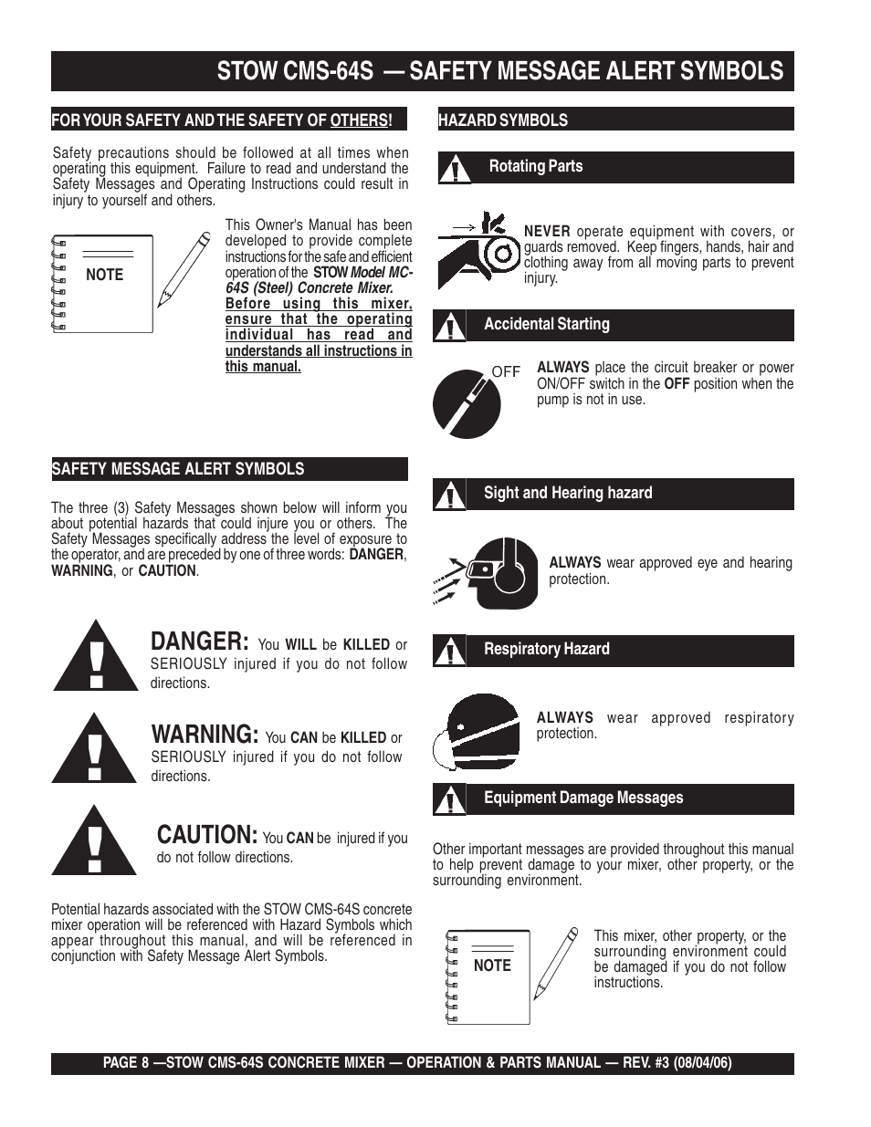 Stow cms-64s — safety message alert symbols, Danger, Warning | Caution | Multiquip CMS64S User Manual | Page 8 / 114