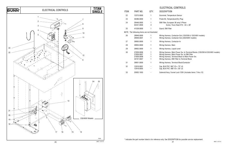 Titan single, Electrical controls, Item part no. qty. description | Bunn TITAN SINGLE 2 User Manual | Page 11 / 13