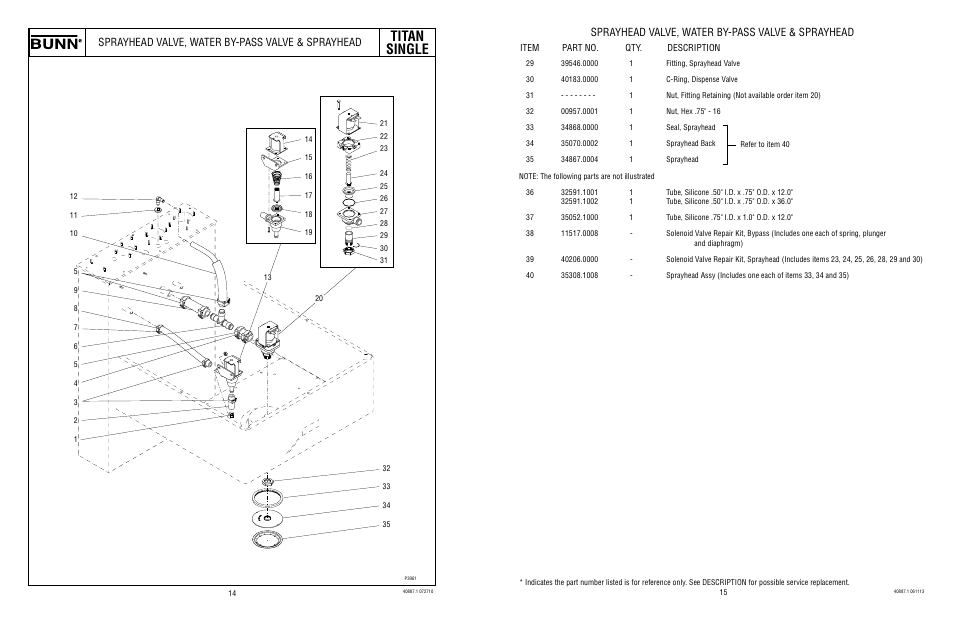 Titan single, Sprayhead valve, water by-pass valve & sprayhead | Bunn TITAN SINGLE 2 User Manual | Page 8 / 13