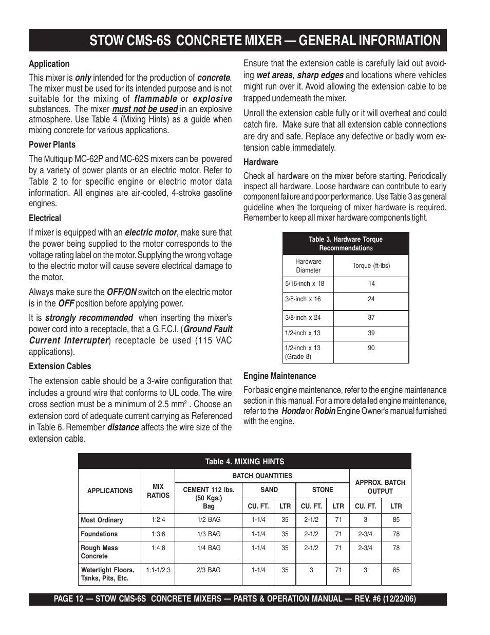 Stow cms-6s concrete mixer — general information, Honda, Robin | Application, Power plants, Multiquip, Gasoline engines. electrical, Extension cables, Engine owner's manual furnished with the engine | Multiquip CMS6S User Manual | Page 12 / 118