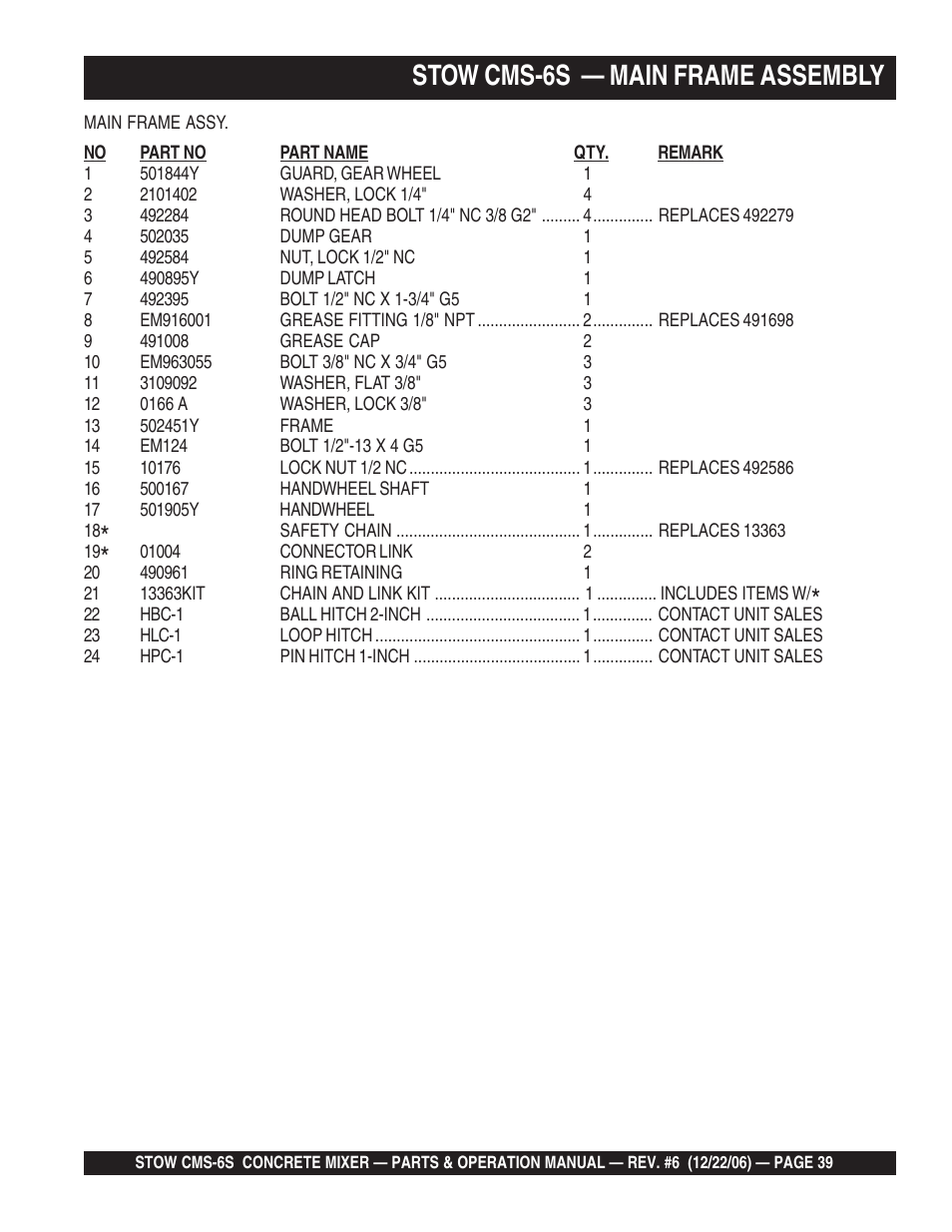 Stow cms-6s — main frame assembly | Multiquip CMS6S User Manual | Page 39 / 118