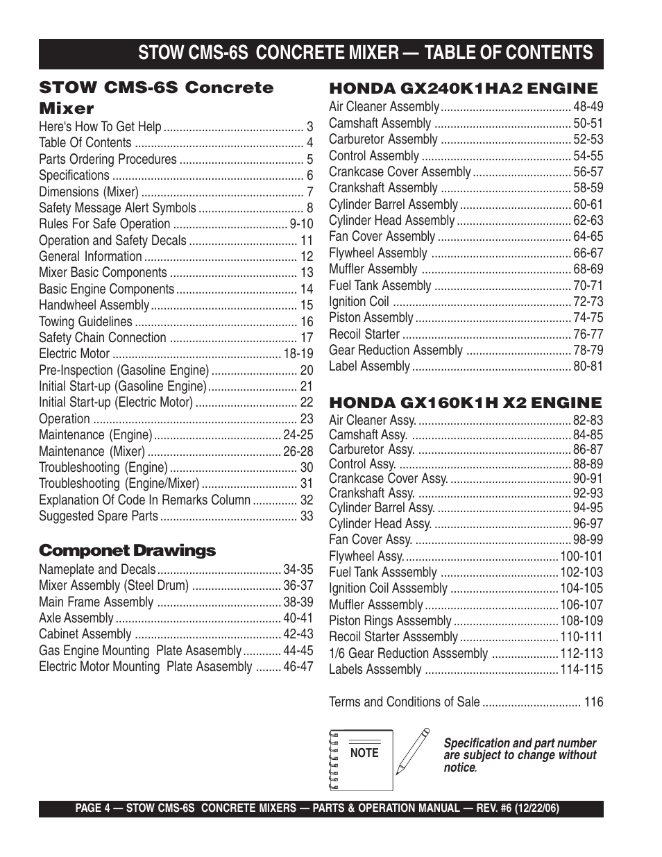 Stow cms-6s concrete mixer — table of contents | Multiquip CMS6S User Manual | Page 4 / 118