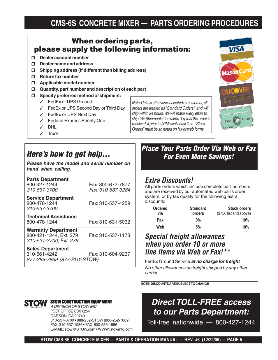 Here’s how to get help, Direct toll-free access to our parts department, Cms-6s concrete mixer — parts ordering procedures | Extra discounts | Multiquip CMS6S User Manual | Page 5 / 118