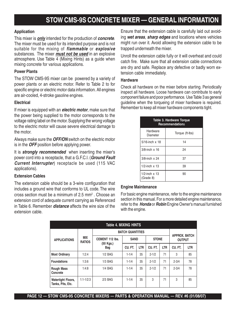 Stow cms-9s concrete mixer — general information, Honda, Robin | Application, Power plants, Gasoline engines. electrical, Extension cables, Engine owner's manual furnished with the engine | Multiquip CMS9 User Manual | Page 12 / 84