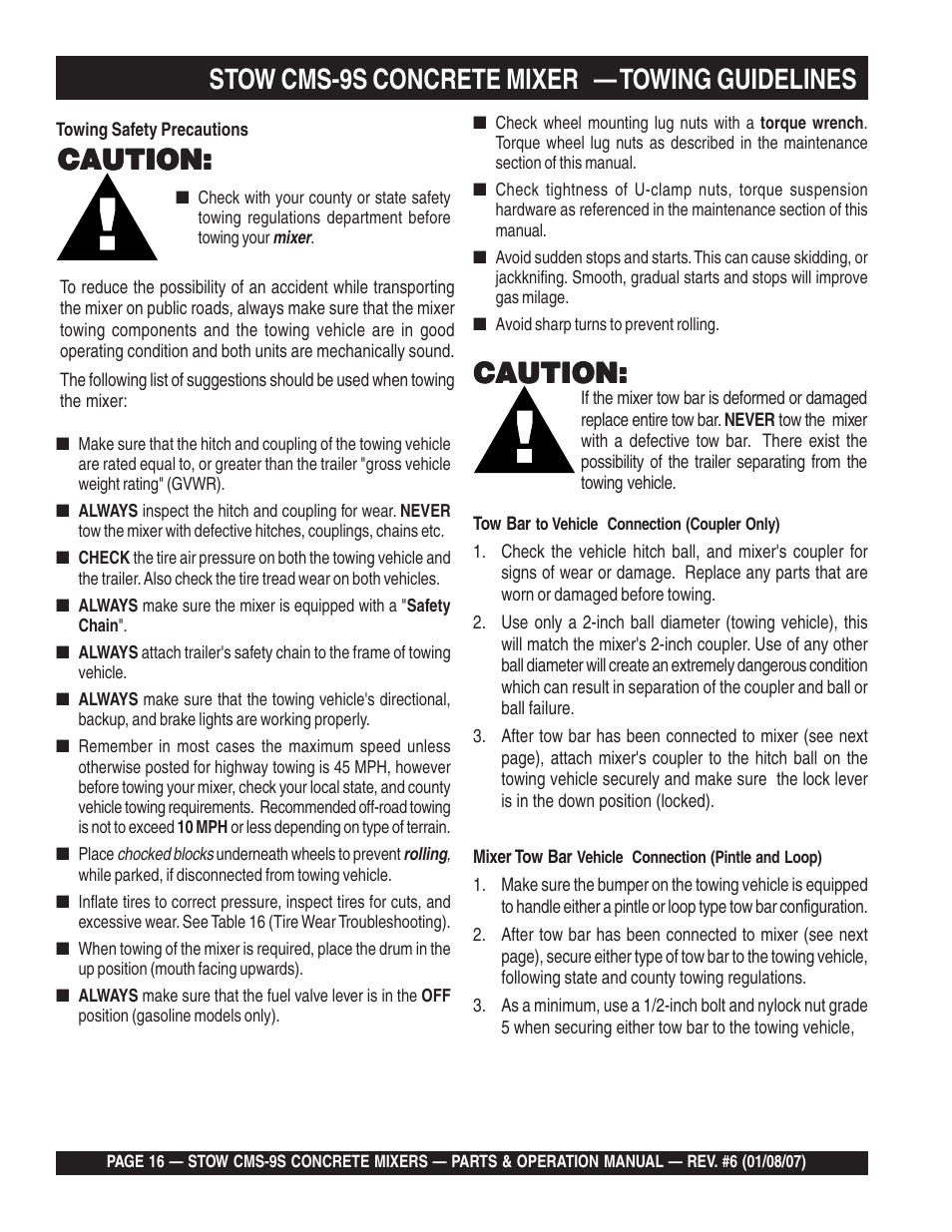 Stow cms-9s concrete mixer — towing guidelines, Caution | Multiquip CMS9 User Manual | Page 16 / 84