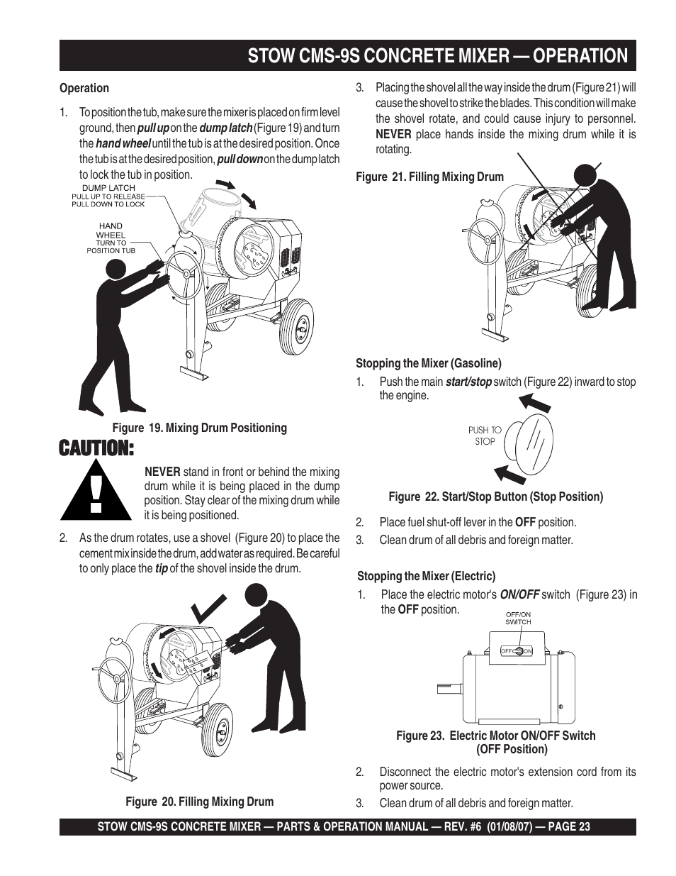 Stow cms-9s concrete mixer — operation, Caution | Multiquip CMS9 User Manual | Page 23 / 84