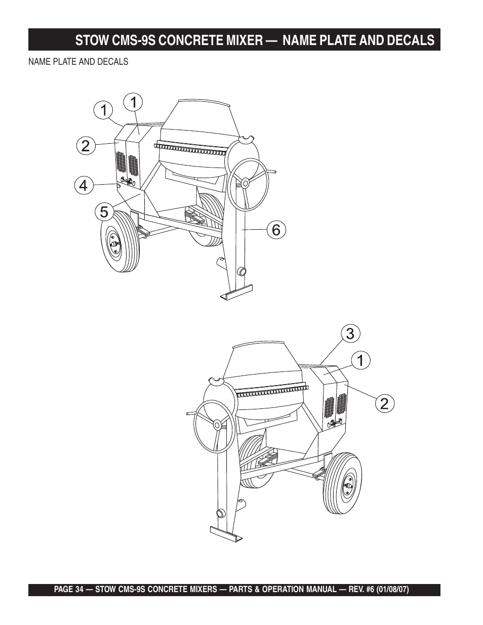 Stow cms-9s concrete mixer — name plate and decals | Multiquip CMS9 User Manual | Page 34 / 84
