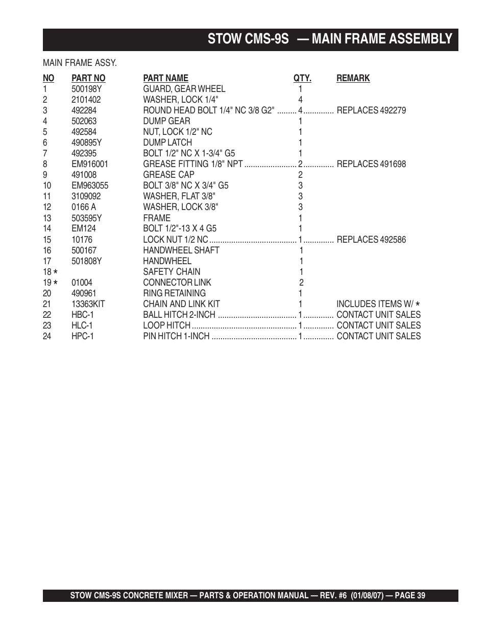 Stow cms-9s — main frame assembly | Multiquip CMS9 User Manual | Page 39 / 84