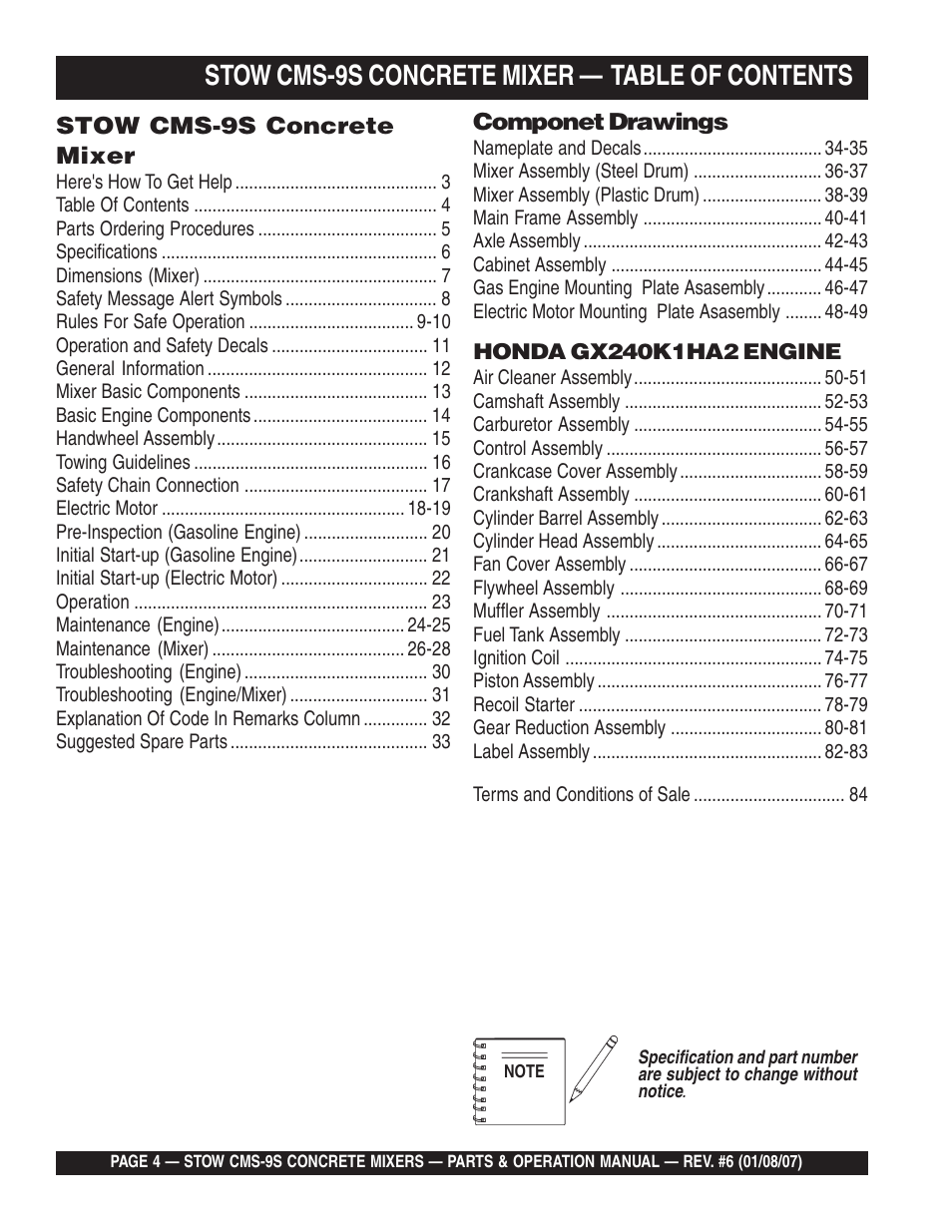 Stow cms-9s concrete mixer — table of contents | Multiquip CMS9 User Manual | Page 4 / 84