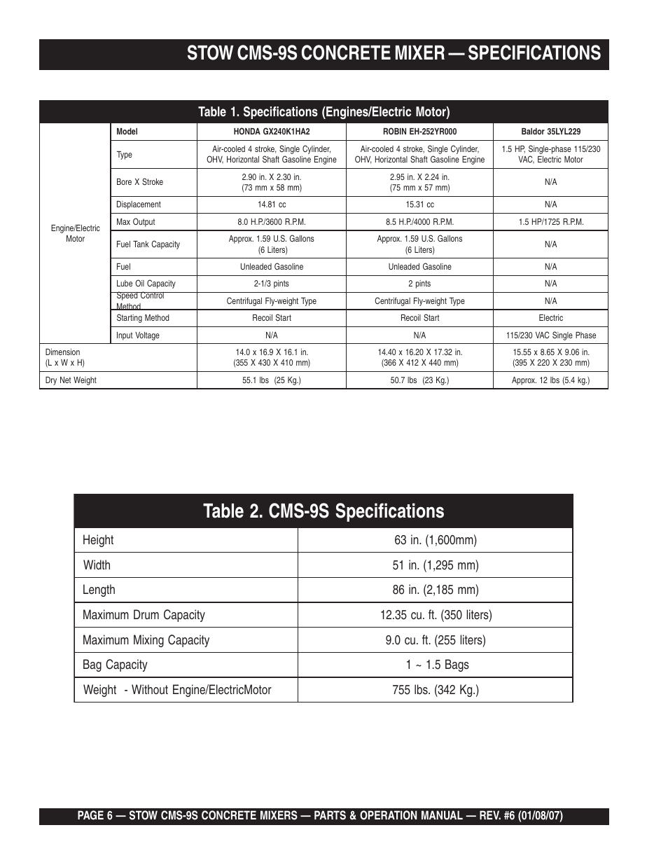 Stow cms-9s concrete mixer — specifications | Multiquip CMS9 User Manual | Page 6 / 84