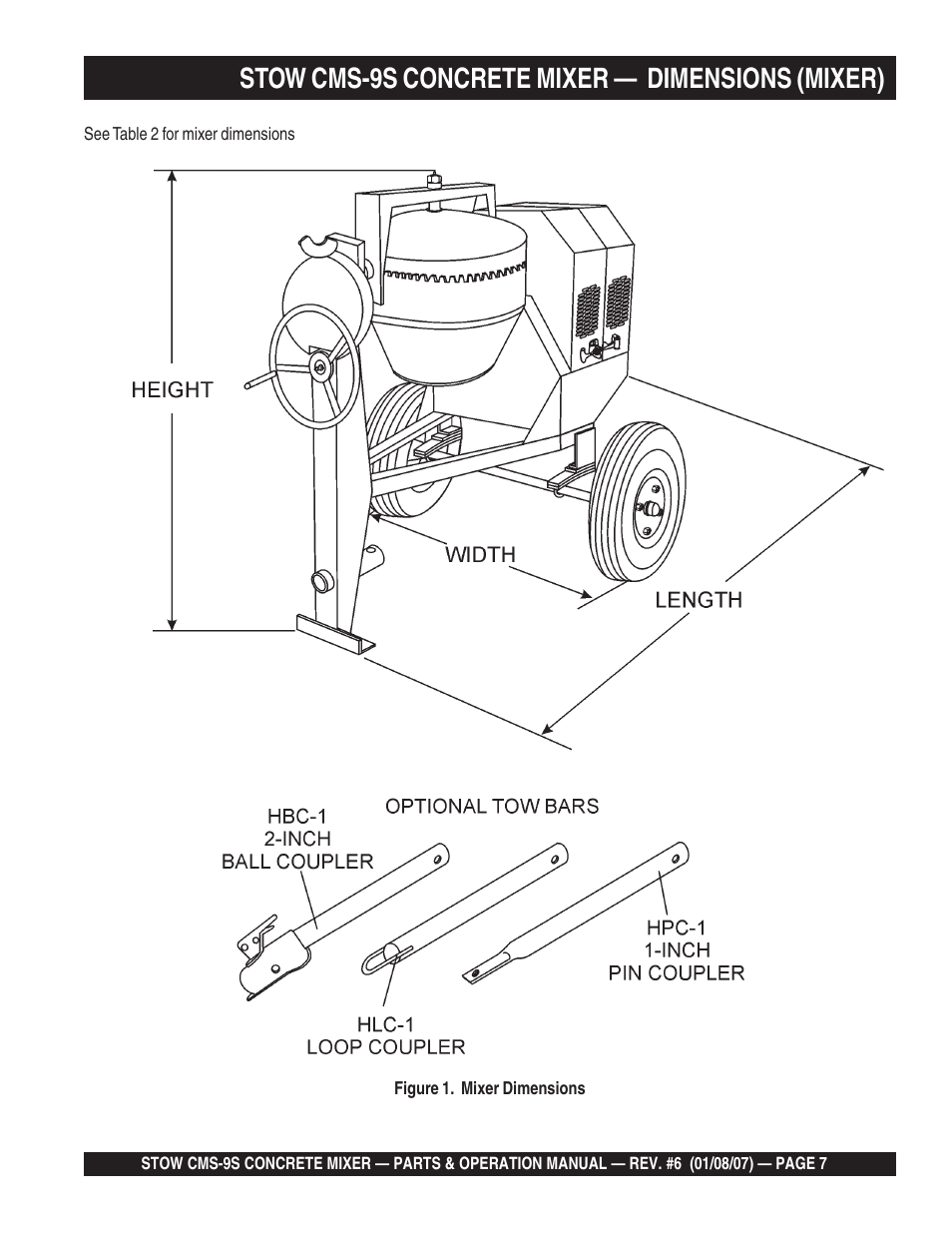 Stow cms-9s concrete mixer — dimensions (mixer) | Multiquip CMS9 User Manual | Page 7 / 84