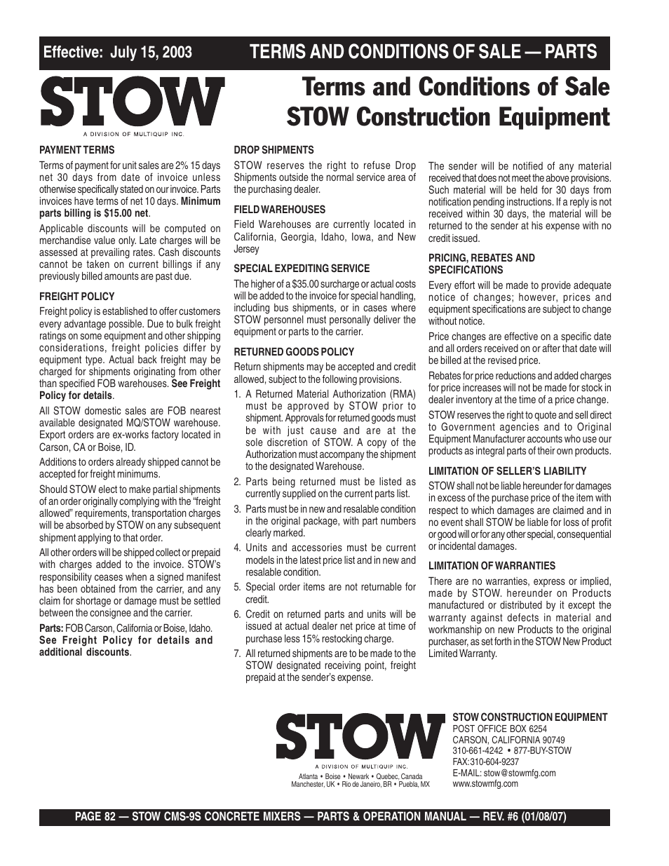 Terms and conditions of sale — parts | Multiquip CMS9 User Manual | Page 82 / 84