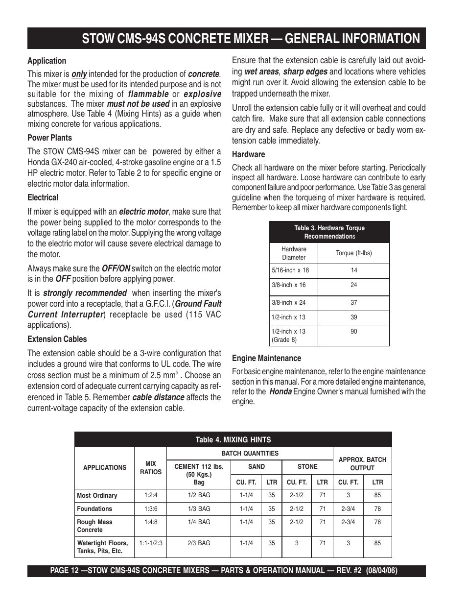 Stow cms-94s concrete mixer — general information, Honda, Application | Power plants, Stow, Gasoline engine, Electrical, Extension cables, Engine owner's manual furnished with the engine | Multiquip CMS94S User Manual | Page 12 / 82