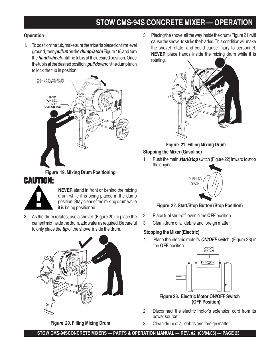 Stow cms-94s concrete mixer — operation, Caution | Multiquip CMS94S User Manual | Page 23 / 82