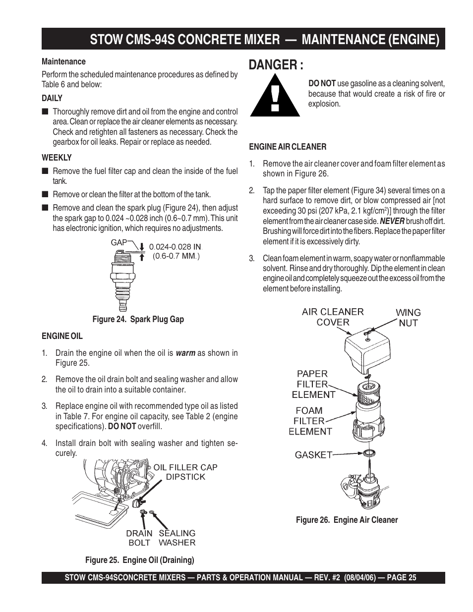 Danger, Stow cms-94s concrete mixer — maintenance (engine) | Multiquip CMS94S User Manual | Page 25 / 82