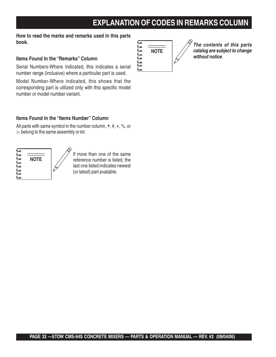 Explanation of codes in remarks column | Multiquip CMS94S User Manual | Page 32 / 82