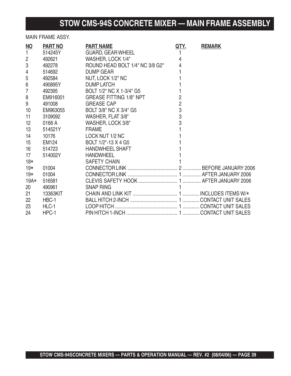 Stow cms-94s concrete mixer — main frame assembly | Multiquip CMS94S User Manual | Page 39 / 82