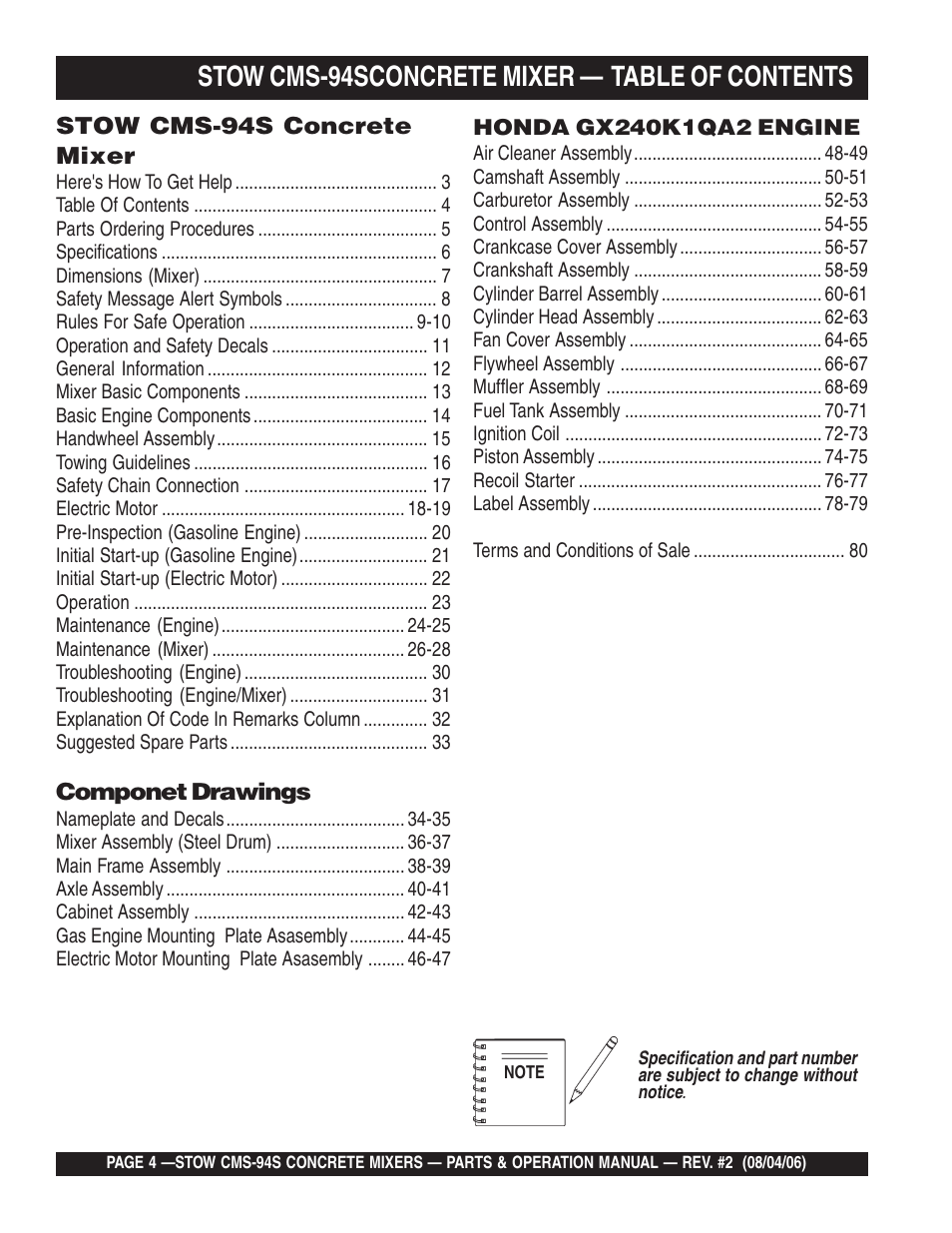 Stow cms-94sconcrete mixer — table of contents | Multiquip CMS94S User Manual | Page 4 / 82