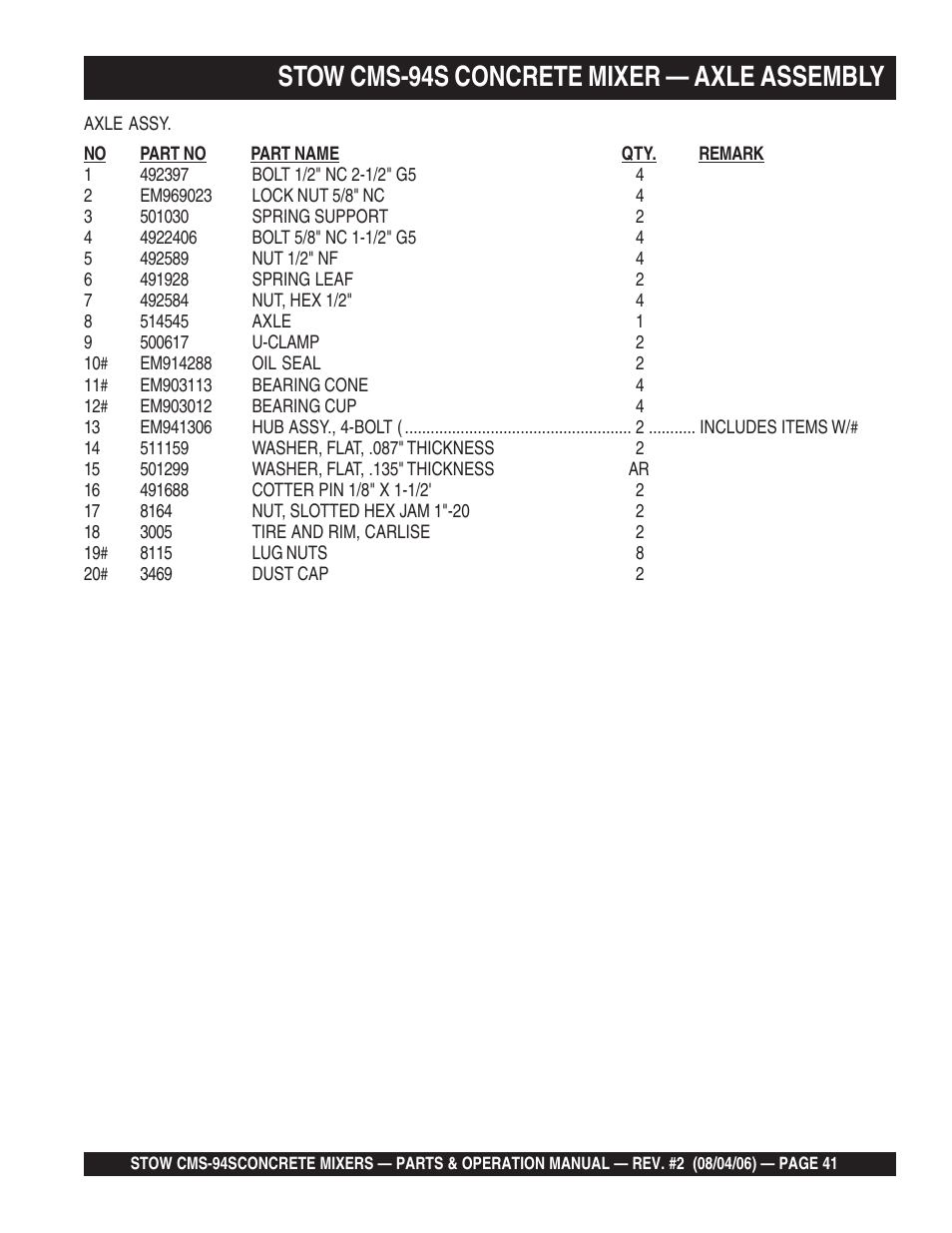Stow cms-94s concrete mixer — axle assembly | Multiquip CMS94S User Manual | Page 41 / 82