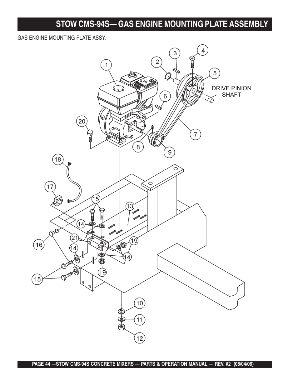 Stow cms-94s— gas engine mounting plate assembly | Multiquip CMS94S User Manual | Page 44 / 82