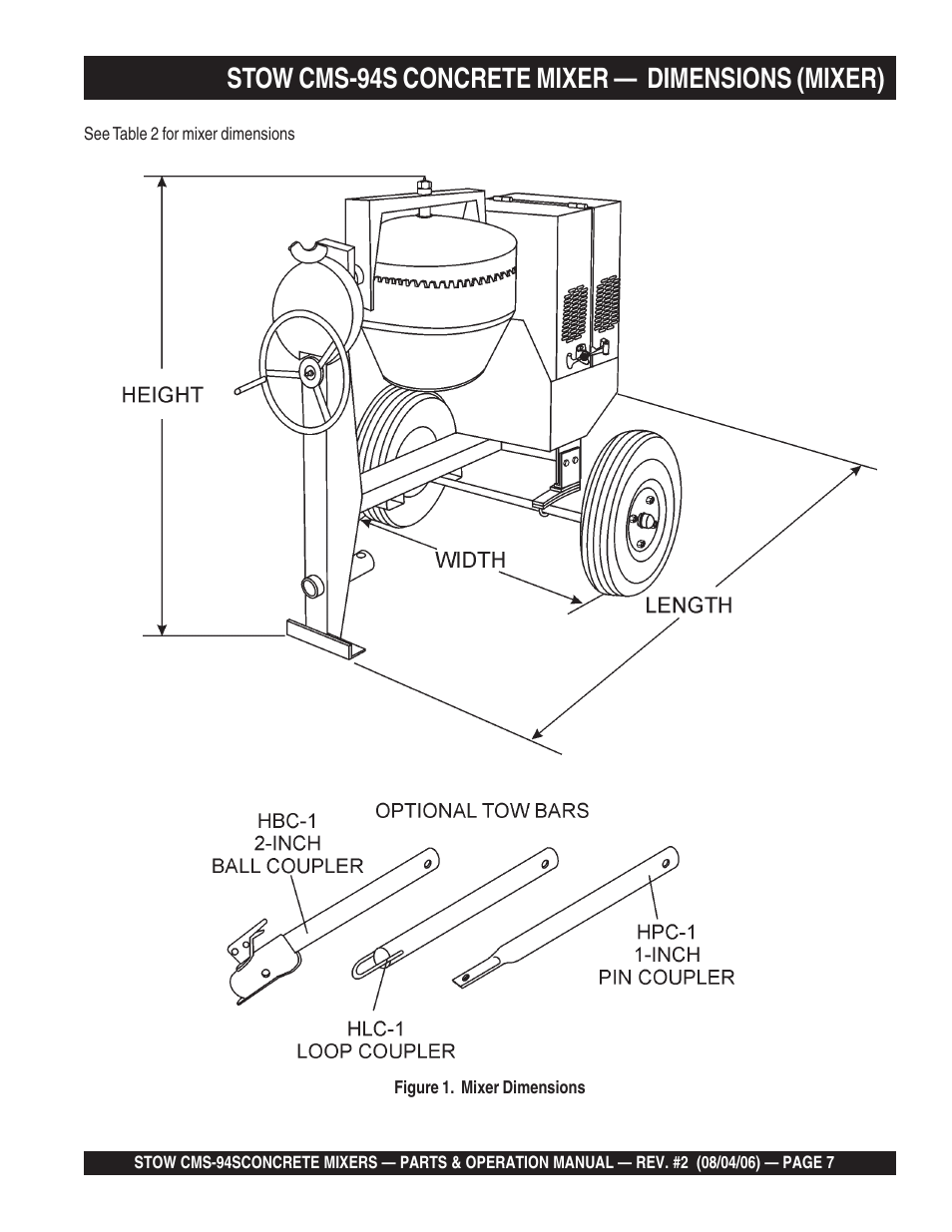 Stow cms-94s concrete mixer — dimensions (mixer) | Multiquip CMS94S User Manual | Page 7 / 82