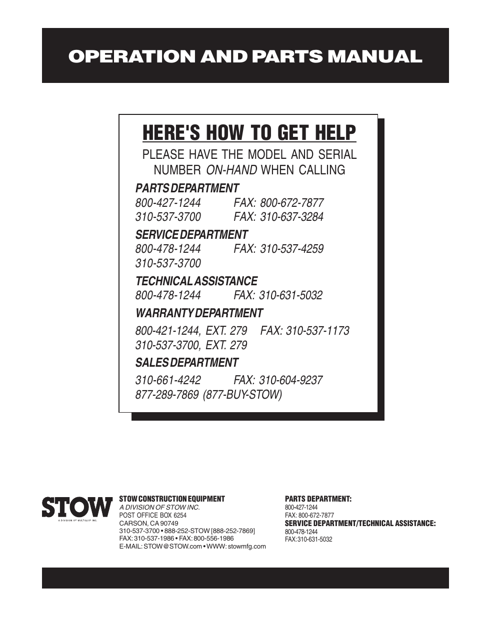 Here's how to get help, Operation and parts manual | Multiquip CMS94S User Manual | Page 82 / 82