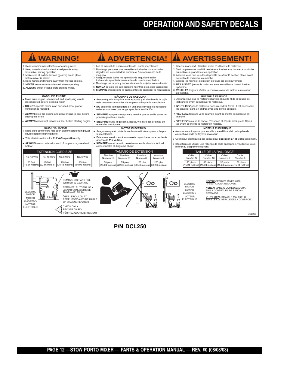 Operation and safety decals, Warning! advertencia! avertissement, P/n dcl250 | Multiquip SMC3PB User Manual | Page 12 / 42