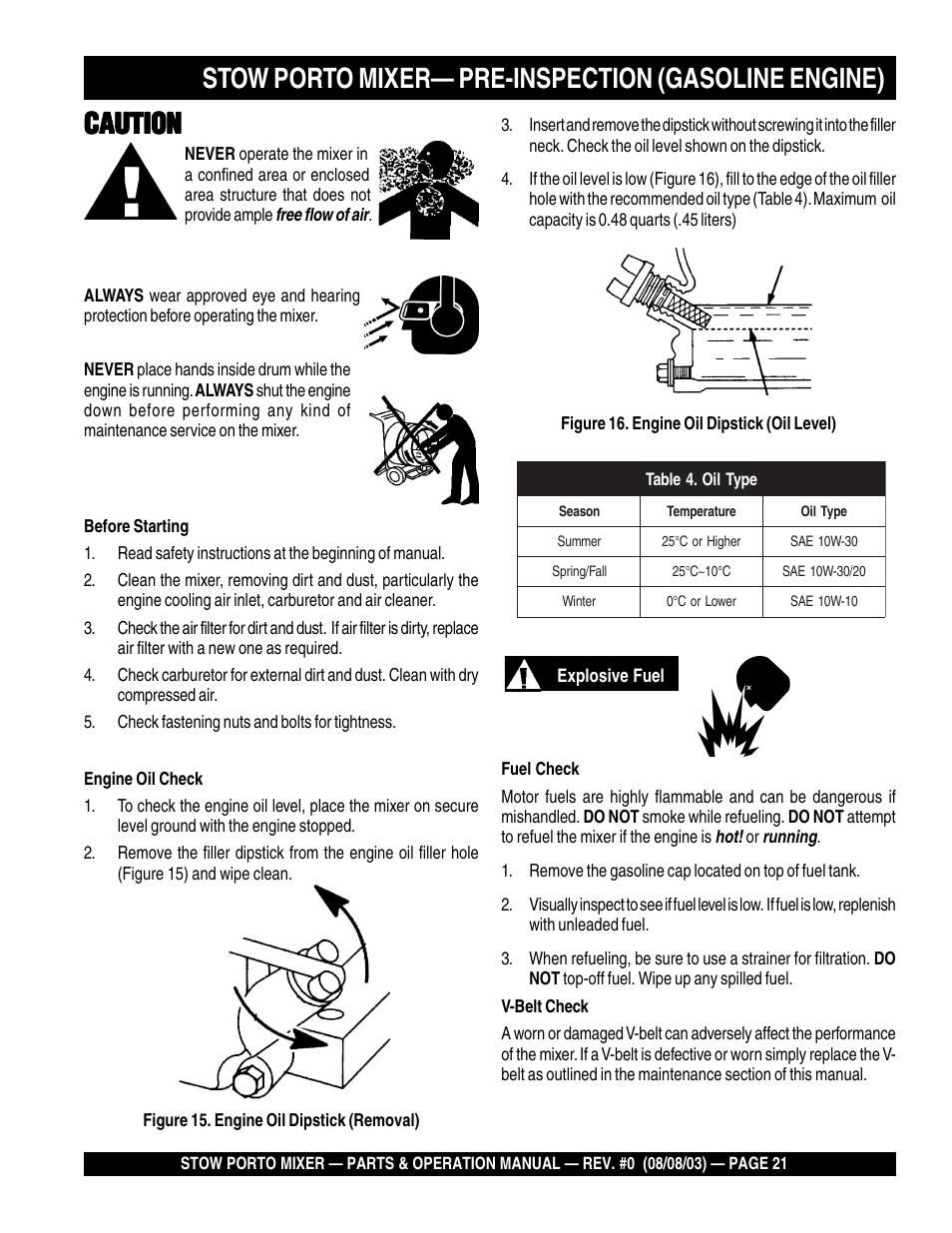 Stow porto mixer— pre-inspection (gasoline engine), Caution | Multiquip SMC3PB User Manual | Page 21 / 42