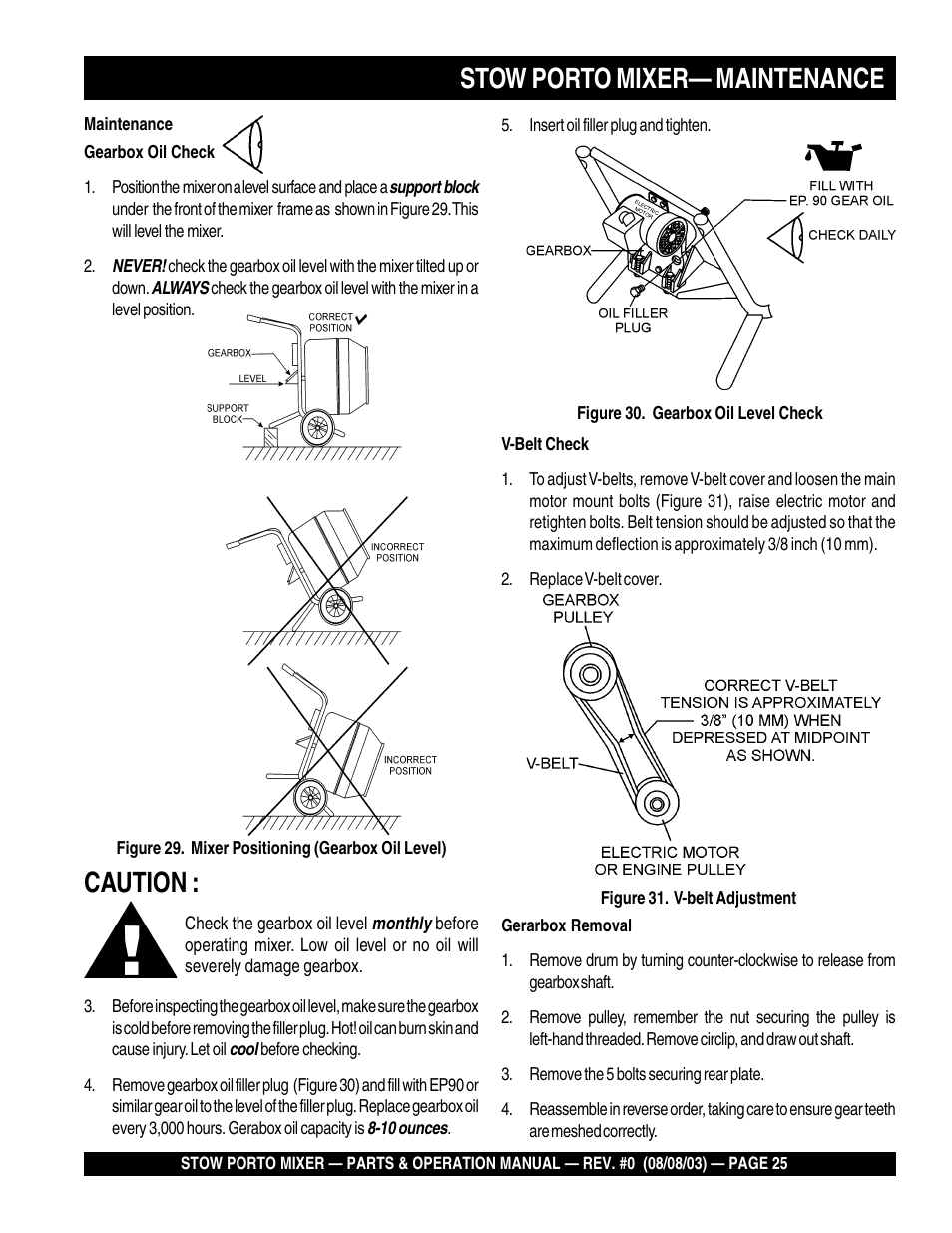 Stow porto mixer— maintenance, Caution | Multiquip SMC3PB User Manual | Page 25 / 42