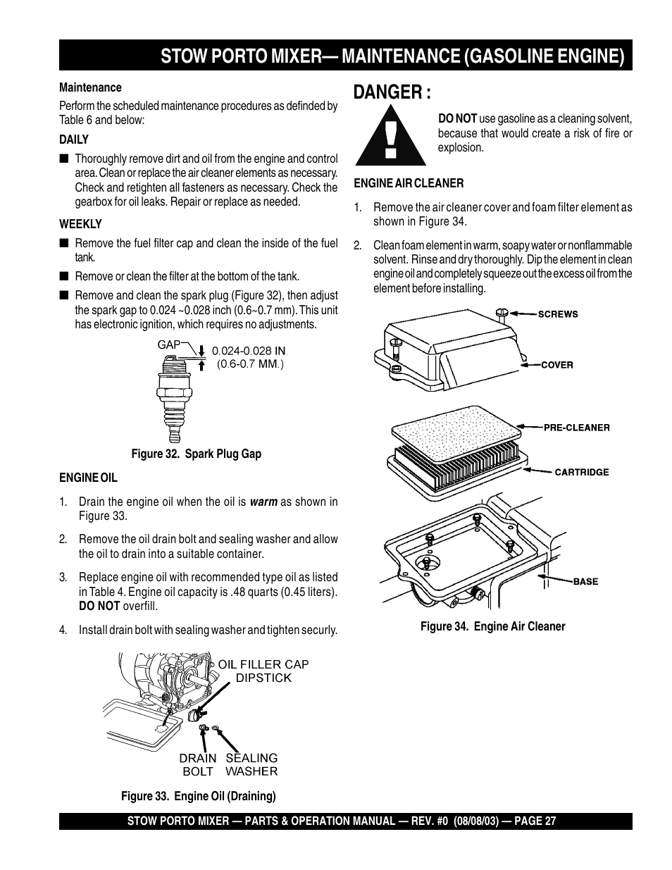 Danger, Stow porto mixer— maintenance (gasoline engine) | Multiquip SMC3PB User Manual | Page 27 / 42