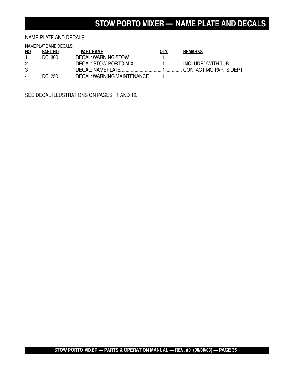 Stow porto mixer — name plate and decals | Multiquip SMC3PB User Manual | Page 35 / 42