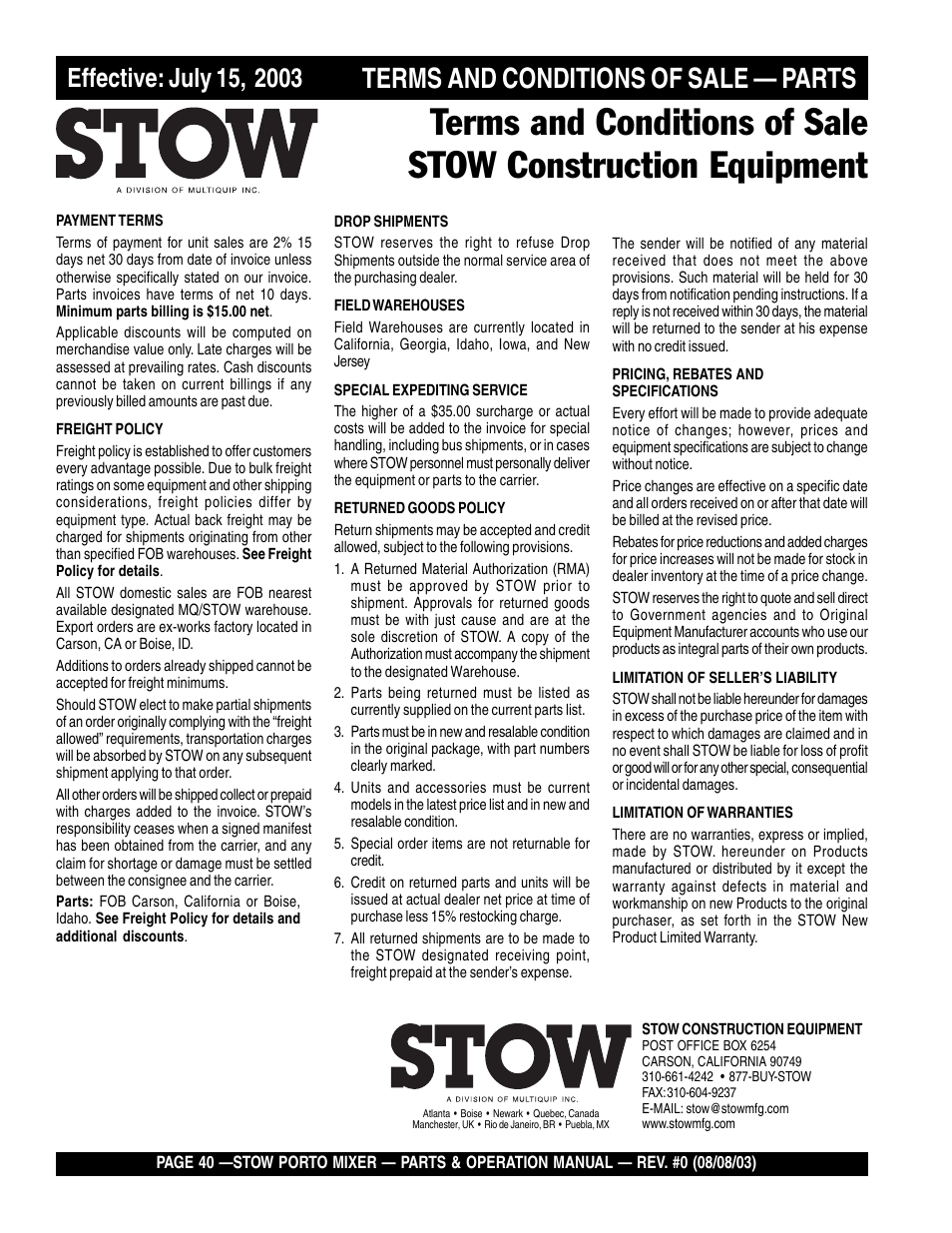 Terms and conditions of sale — parts | Multiquip SMC3PB User Manual | Page 40 / 42