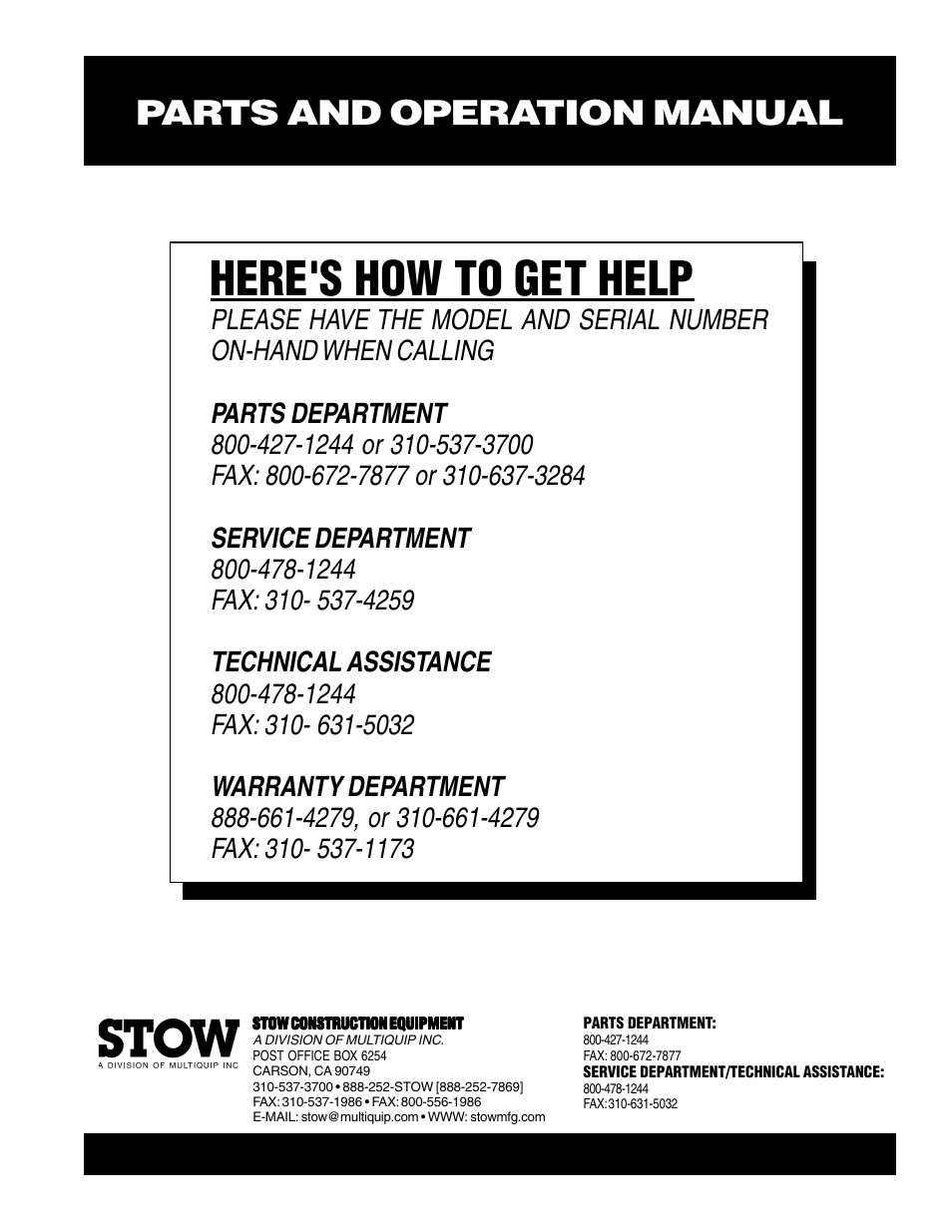 Here's how to get help, Parts and operation manual | Multiquip SMC3PB User Manual | Page 42 / 42